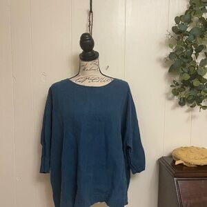 not Perfect 100% Linen Teal Blue  Blouse One Size Lagenlook Quiet Luxury Boho